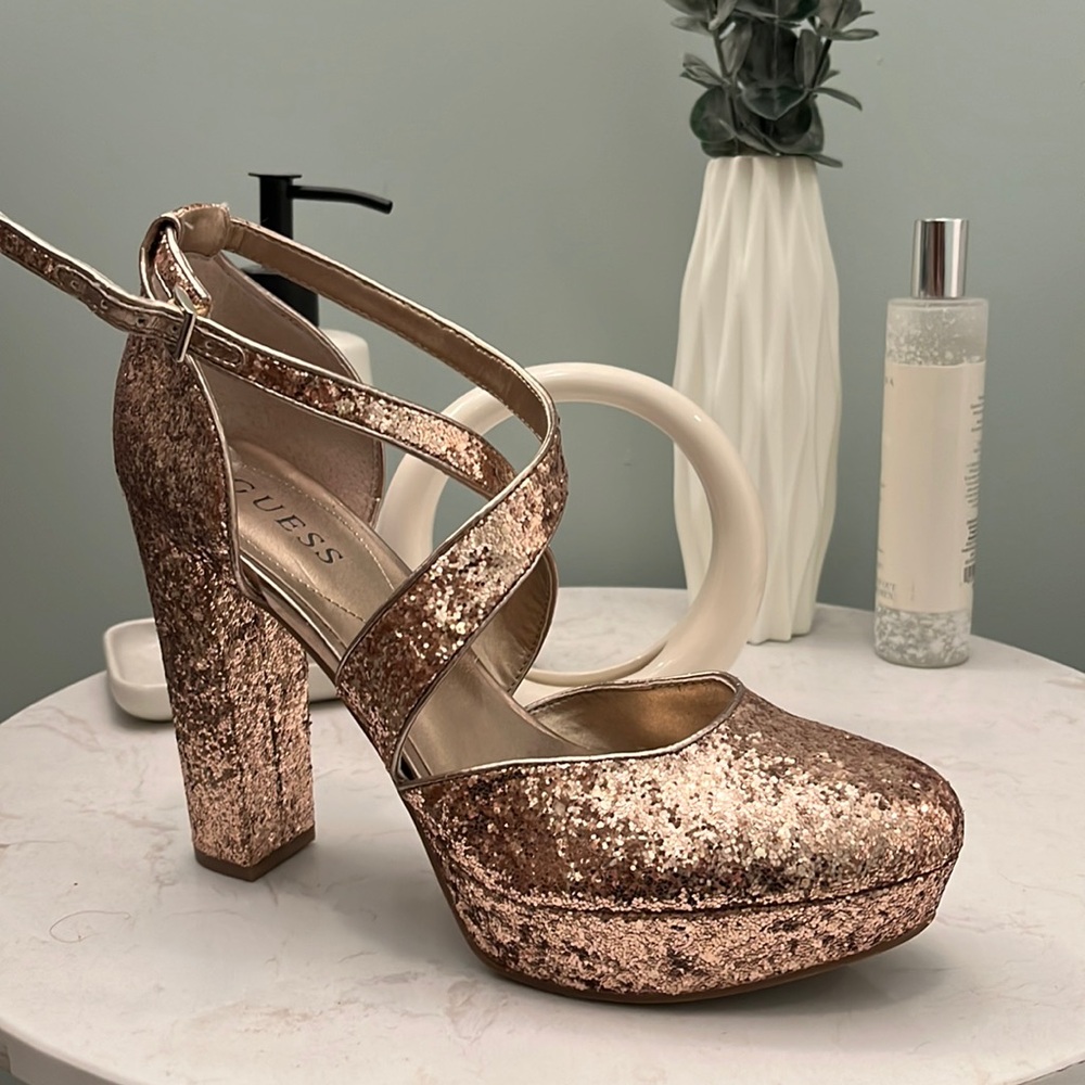 Gold, sparkly, chunky 5 inch GUESS heels